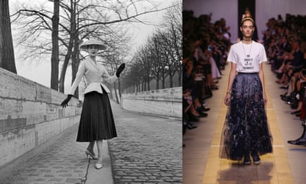 A model wearing Dior New Look in a Paris street in 1947, left; and a model at Maria Grazia Chiuri’s first catwalk show for the label in 2016.