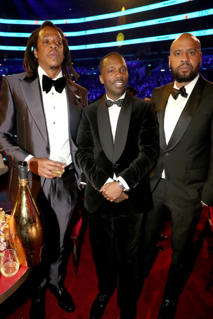 LOS ANGELES, CALIFORNIA - FEBRUARY 05: (L-R) Jay-Z, Rich Paul and Juan “OG” Perez pose for a photo during the 65th GRAMMY Awards at Crypto.com Arena on February 05, 2023 in Los Angeles, California. (Photo by Johnny Nunez/Getty Images for The Recording Academy)