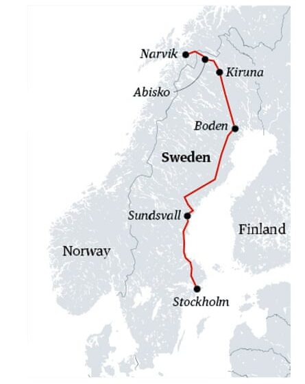 Rail map Stockholm to Abisko, Sweden