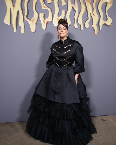 ashley graham, moschino, milan fashion week, black ballgown
