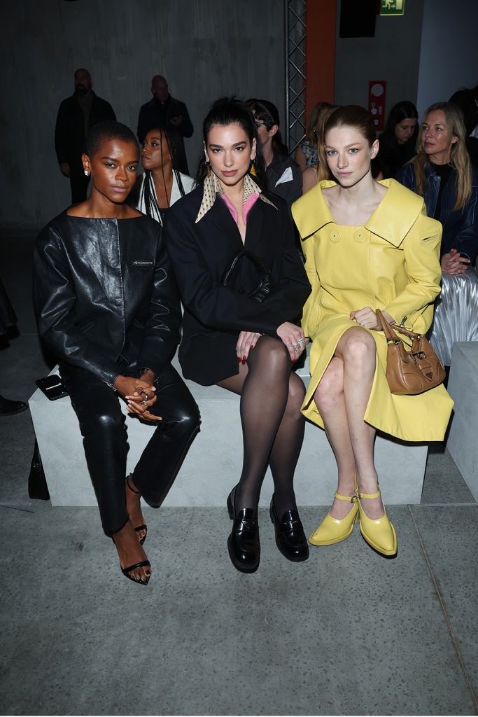 Dua Lipa, Hunter Schafer and Letitia Wright attends Prada fall 2023 show on Feb. 23, 2023 in Milan.