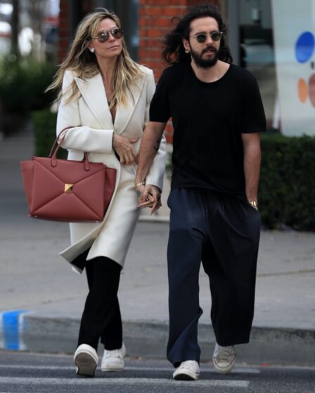 Heidi Klum, tom Kaulitz, la, white coat, red purse, black pants, white sneakers