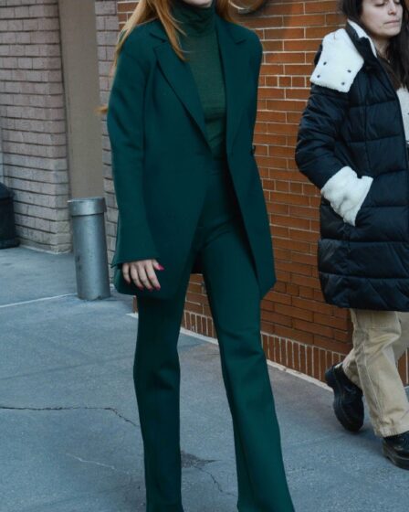 jessica chastain, green suit, blazer, turtleneck, platform, nyc