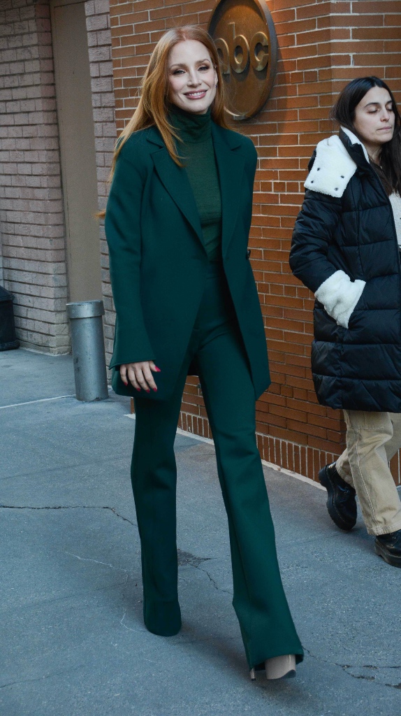 jessica chastain, green suit, blazer, turtleneck, platform, nyc
