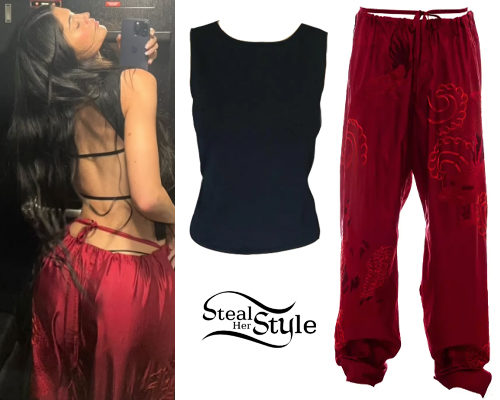 Kylie Jenner: Black Strappy Top, Red Pants