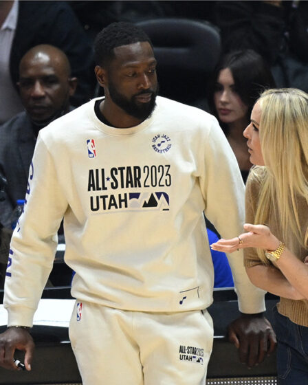 US Olympic skier Lindsey Vonn and former basketball player Dwyane Wade attend the 2023 Ruffles All-Star Celebrity Game during NBA All-Star Weekend in Salt Lake City on Feb. 17, 2023.