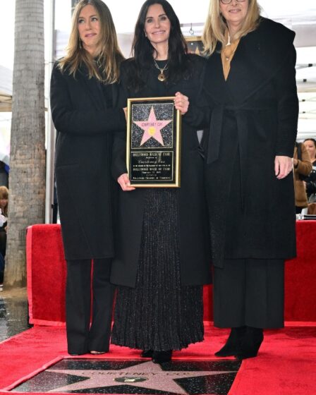 HOLLYWOOD, CALIFORNIA - FEBRUARY 27: (L-R) Courtney Cox, Lisa Kudrow and Jennifer Aniston speak onstage during the Hollywood Walk of Fame Star Ceremony for Courteney Cox on February 27, 2023 in Hollywood, California. (Photo by Leon Bennett/Getty Images)