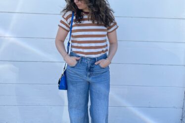 woman wearing Old Navy's high-waisted, wide-leg jeans