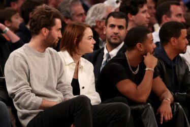 Dave McCary Emma Stone and Michael B. Jordan attend the LakersKnicks game at Madison Square Garden on January 31 2023.