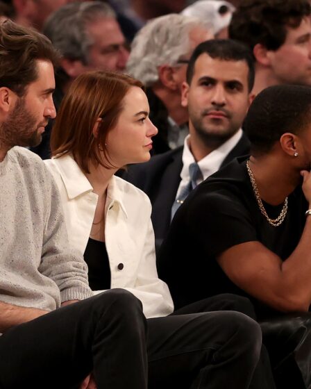Dave McCary Emma Stone and Michael B. Jordan attend the LakersKnicks game at Madison Square Garden on January 31 2023.