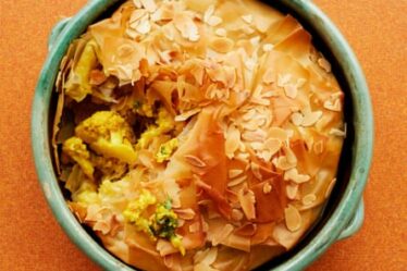 Ravinder Bhogal’s curried cauliflower cheese filo pie.