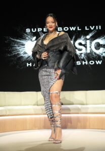 Rihanna poses onstage during the Apple Music Super Bowl LVII Halftime Show Press Conference at Phoenix Convention Center...