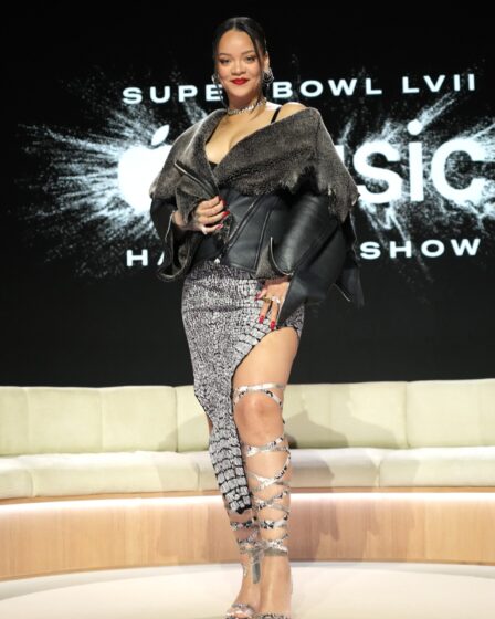 Rihanna poses onstage during the Apple Music Super Bowl LVII Halftime Show Press Conference at Phoenix Convention Center...