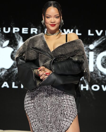 PHOENIX, ARIZONA - FEBRUARY 09:  Rihanna poses onstage during the Apple Music Super Bowl LVII Halftime Show Press Conference at Phoenix Convention Center on February 09, 2023 in Phoenix, Arizona. (Photo by Kevin Mazur/Getty Images for Roc Nation)