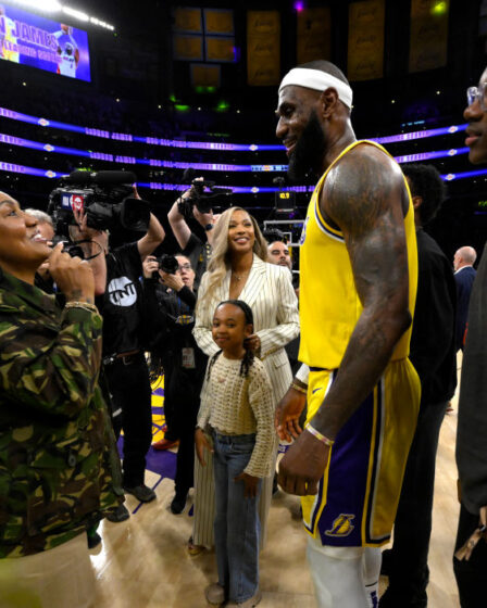 Los Angeles, CA - February 07: LeBron James #6 of the Los Angeles Lakers celebrates with his mom Gloria James, left, and wife Savannah James, center, and daughter Zhuri James along with son Byrce James, right, after breaking Hall of Fame and former Los Angeles Lakers Kareem Abdul Jabbar scoring record (38,387) in the second half of a NBA basketball game against Oklahoma City Thunder at the Crypto.com Arena in Los Angeles on Tuesday, February 7, 2023. (Photo by Keith Birmingham/MediaNews Group/Pasadena Star-News via Getty Images)