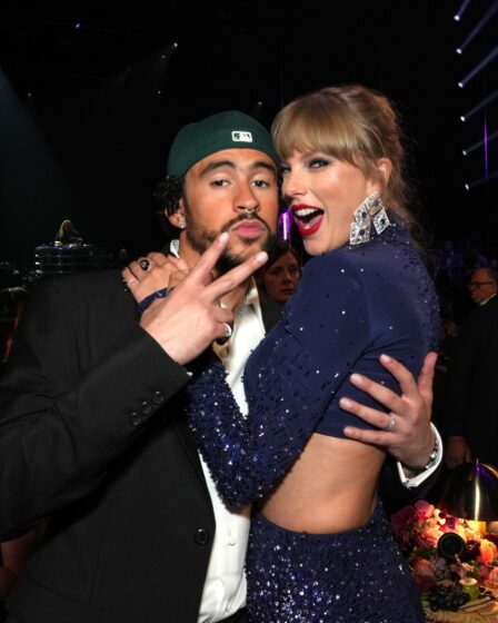 LOS ANGELES CALIFORNIA  FEBRUARY 05  Bad Bunny and Taylor Swift attend the 65th GRAMMY Awards at Crypto.com Arena on...