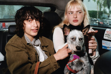 Two people and a white and grey dog sit close together in the backseat of a parked car. Behind them, through the back windshield, is a parking lot with trees.
