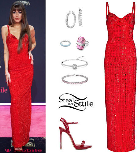 Tini Stoessel: Red Gown and Sandals