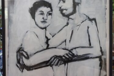 A black-and-white framed rendering depicting a woman and man embracing