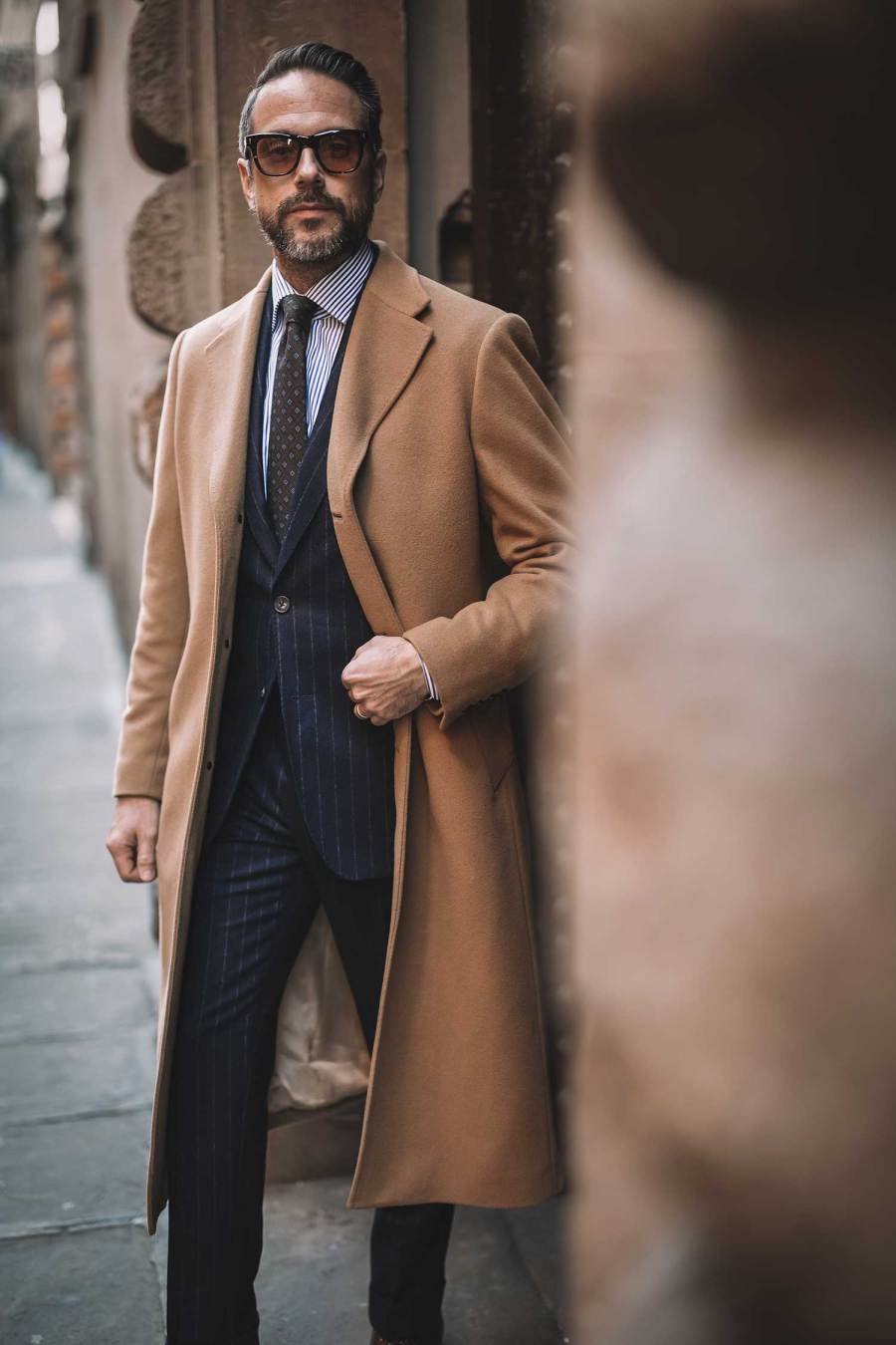 how to wear a camel overcoat with a suit