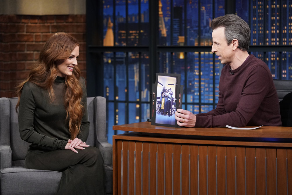 LATE NIGHT WITH SETH MEYERS -- Episode 1400 -- Pictured: (l-r) Actress Riley Keough during an interview with host Seth Meyers on March 2, 2023 -- (Photo by: Lloyd Bishop/NBC)