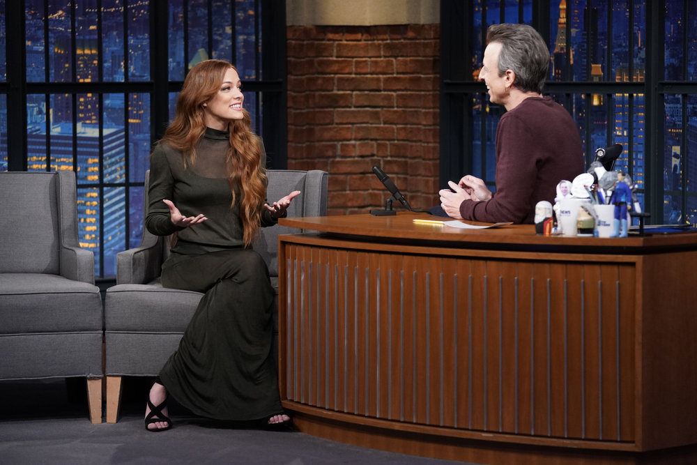 LATE NIGHT WITH SETH MEYERS -- Episode 1400 -- Pictured: (l-r) Actress Riley Keough during an interview with host Seth Meyers on March 2, 2023 -- (Photo by: Lloyd Bishop/NBC)