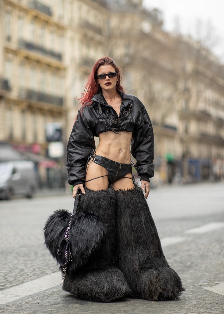 julia fox, paris fashion week, pfw, 2023, fur boots, fur bag, heart bag, leather jacket