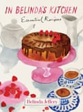 Book cover for In Belinda’s Kitchen by Belinda Jeffery featuring an illustration of a cake with chocolate icing, decorated with strawberries, on a pink cake stand.
