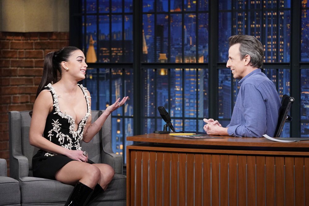 LATE NIGHT WITH SETH MEYERS -- Episode 1402 -- Pictured: (l-r) Actress Melissa Barrera during an interview with host Seth Meyers on March 7, 2023 -- (Photo by: Lloyd Bishop/NBC)