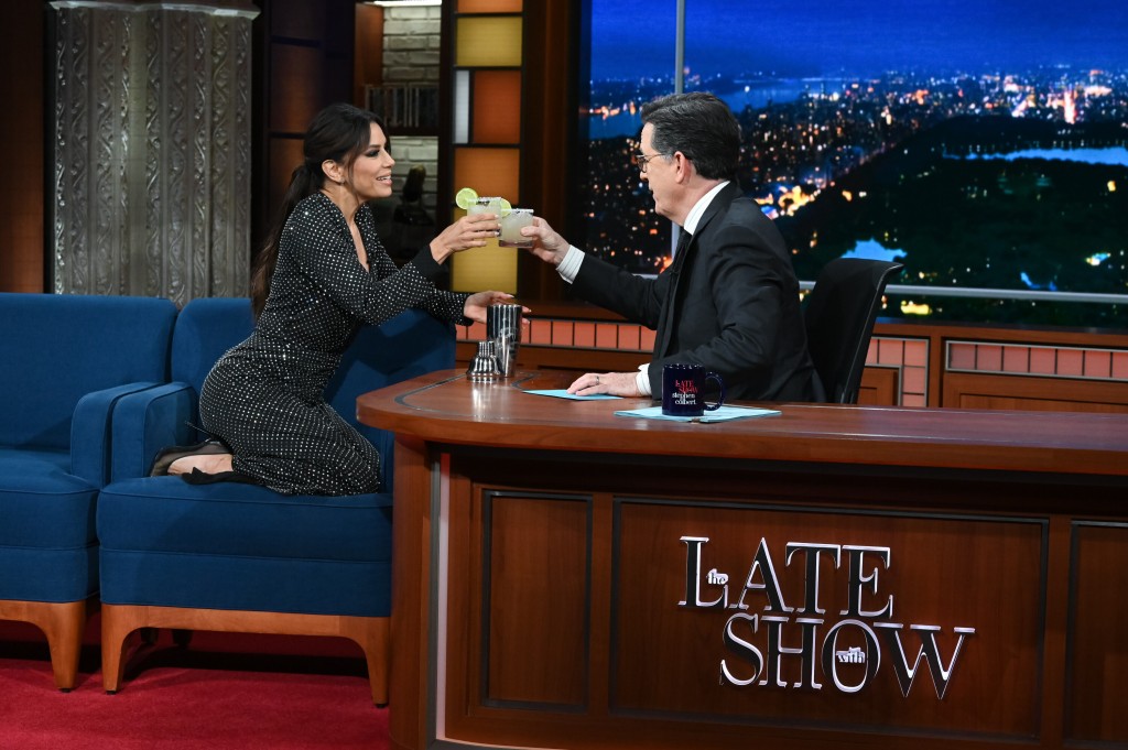 The Late Show with Stephen Colbert and guest Eva Longoria during Tuesday’s March 7, 2023 show. Photo: Scott Kowalchyk/CBS ©2023 CBS Broadcasting Inc. All Rights Reserved.