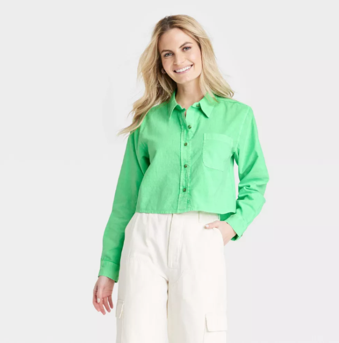 Green Universal Thread Womens Long Sleeve Button Down Cropped Shirt