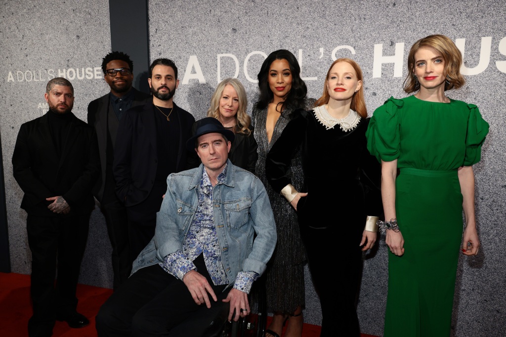 NEW YORK, NEW YORK - MARCH 09: (L-R) Jamie Lloyd, Okieriete Onaodowan, Arian Moayed, Michael Patrick, Tasha Lawrence, Jesmille Darbouze, Jessica Chastain and Amy Herzog attend the opening night of "A Doll's House" at Hudson Theatre on March 09, 2023 in New York City. (Photo by Dimitrios Kambouris/Getty Images)