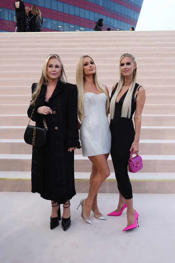 Kathy, Paris and Nicky Hilton at Versace RTW Fall 2023 on March 9, 2023 in Los Angeles, California.