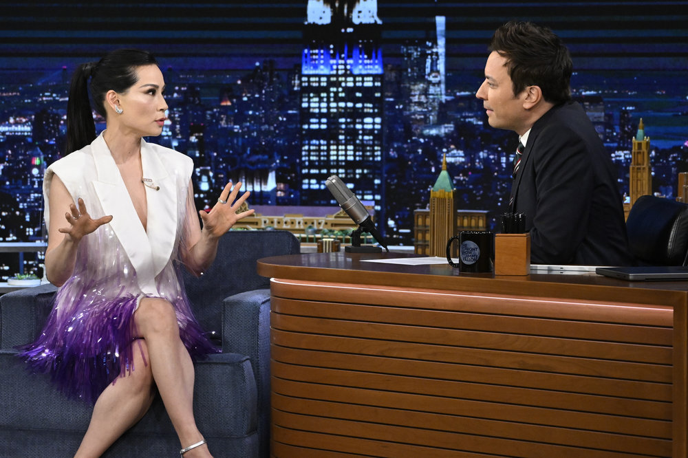 THE TONIGHT SHOW STARRING JIMMY FALLON -- Episode 1812 -- Pictured: (l-r) Actress Lucy Liu during an interview with host Jimmy Fallon on Friday, March 10, 2023 -- (Photo by: Todd Owyoung/NBC)