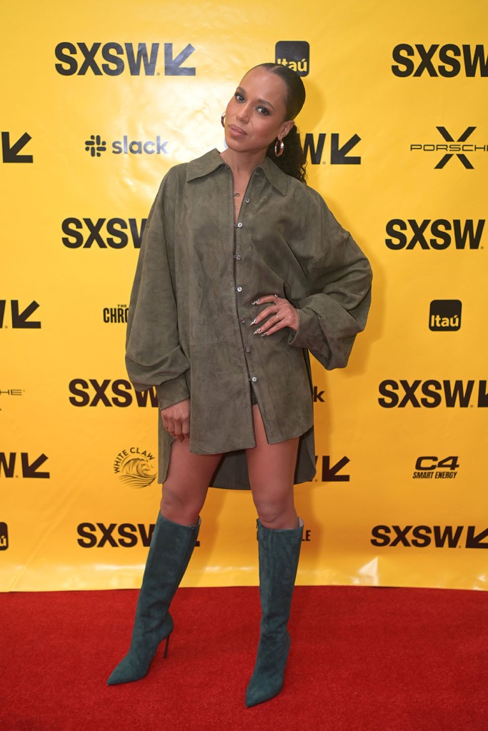 Kerry Washington wearing a suede Bally spring 2023 look at South by Southwest in Austin, Texas on March 11, suede boots, knee-high boots, teal boots, red carpet, kerry washington red carpet style, bally spring 2023 collection