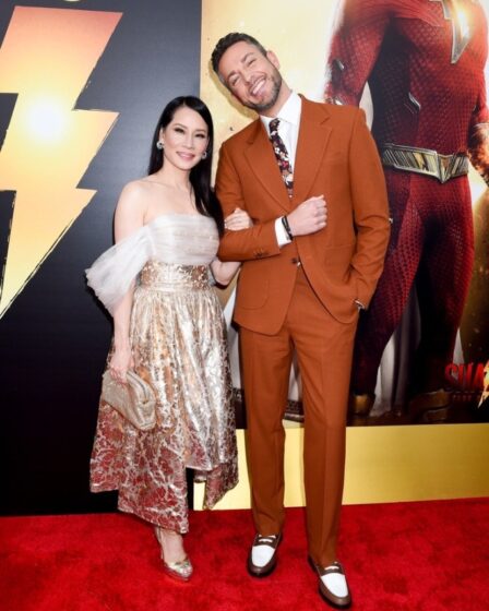 Lucy Liu and Zachary Levi attend the premiere of Warner Bros.' "Shazam 2" at Regency Village Theatre on March 14, 2023 in Los Angeles, California.