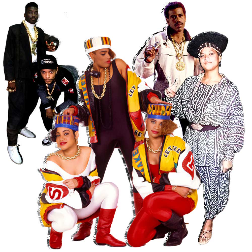 Queen Latifah, Kurtis Blow, Salt N Pepa, Ice T and Big Daddy Kane late 80s fashion