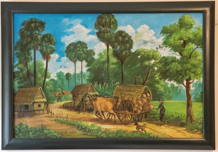 A painting of a peaceful scene inspired by Vann Nath's rural childhood