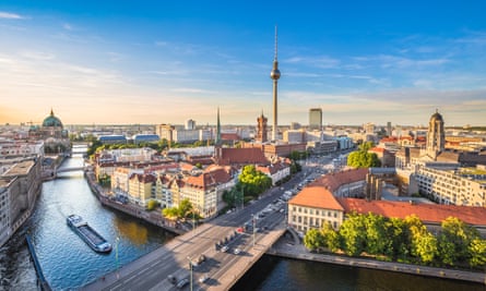 Berlin skyline with Spree river at sunset, GermanyAerial view of Berlin skyline with famous TV tower and Spree river in beautiful evening light at sunset, Germany.