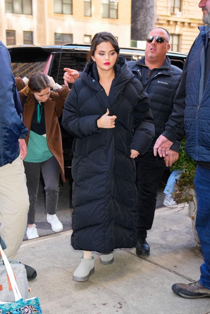 selena gomez, black puffer coat, lug sole boots, ankle boots, ugg mini, only murders in the building, nyc