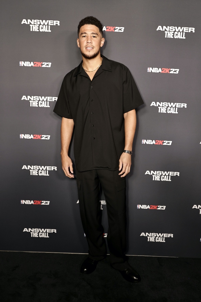 devin booker, black button down, black pants, nba 2k23, red carpet