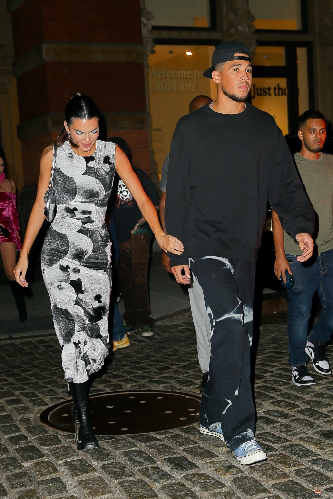 devin booker, black shirt, pants, kendall jenner, nyc, fashion week