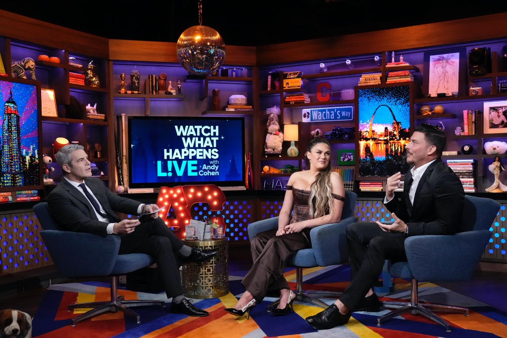 WATCH WHAT HAPPENS LIVE WITH ANDY COHEN -- Episode 20055 -- Pictured: (l-r) Andy Cohen, Brittany Cartwright, Jax Taylor -- (Photo by: Charles Sykes/Bravo)