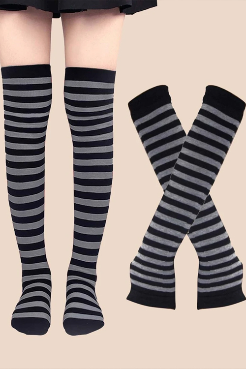 Striped Print Gloves & Over The Knee Socks