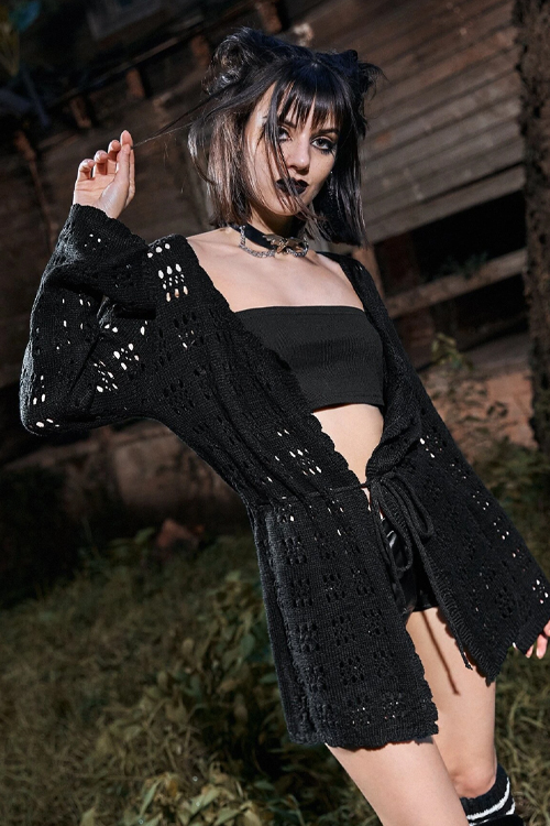 Hollow Out crocheted Tie Front Cardigan in black