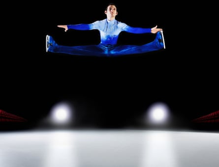 A figure skater performing a the splits midair