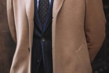 mens outfit idea featuring a camel overcoat and chalk stripe suit