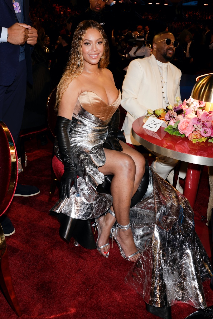 Beyoncé, Grammys, Grammy Awards, red carpet, celebrity red carpet, Femme, Femme LA, sandals, heels, high heels, heeled sandals, metallic sandals, silver sandals, ankle wrap sandals, stilettos, stiletto heels, pointed toe sandals