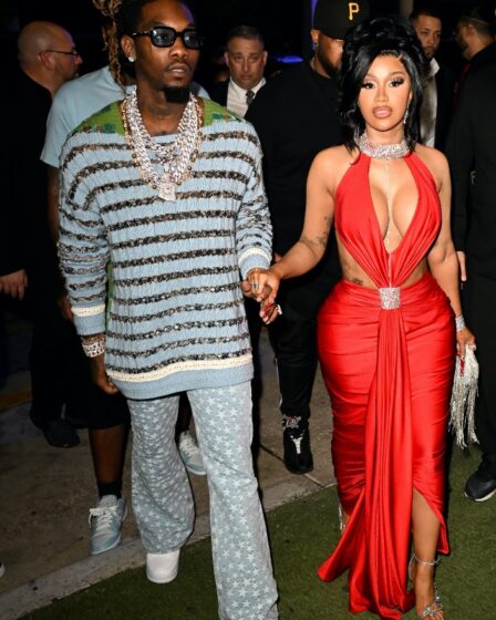 cardi b, offset, sye, new year's even, miami, red cutout dress, strappy sandals