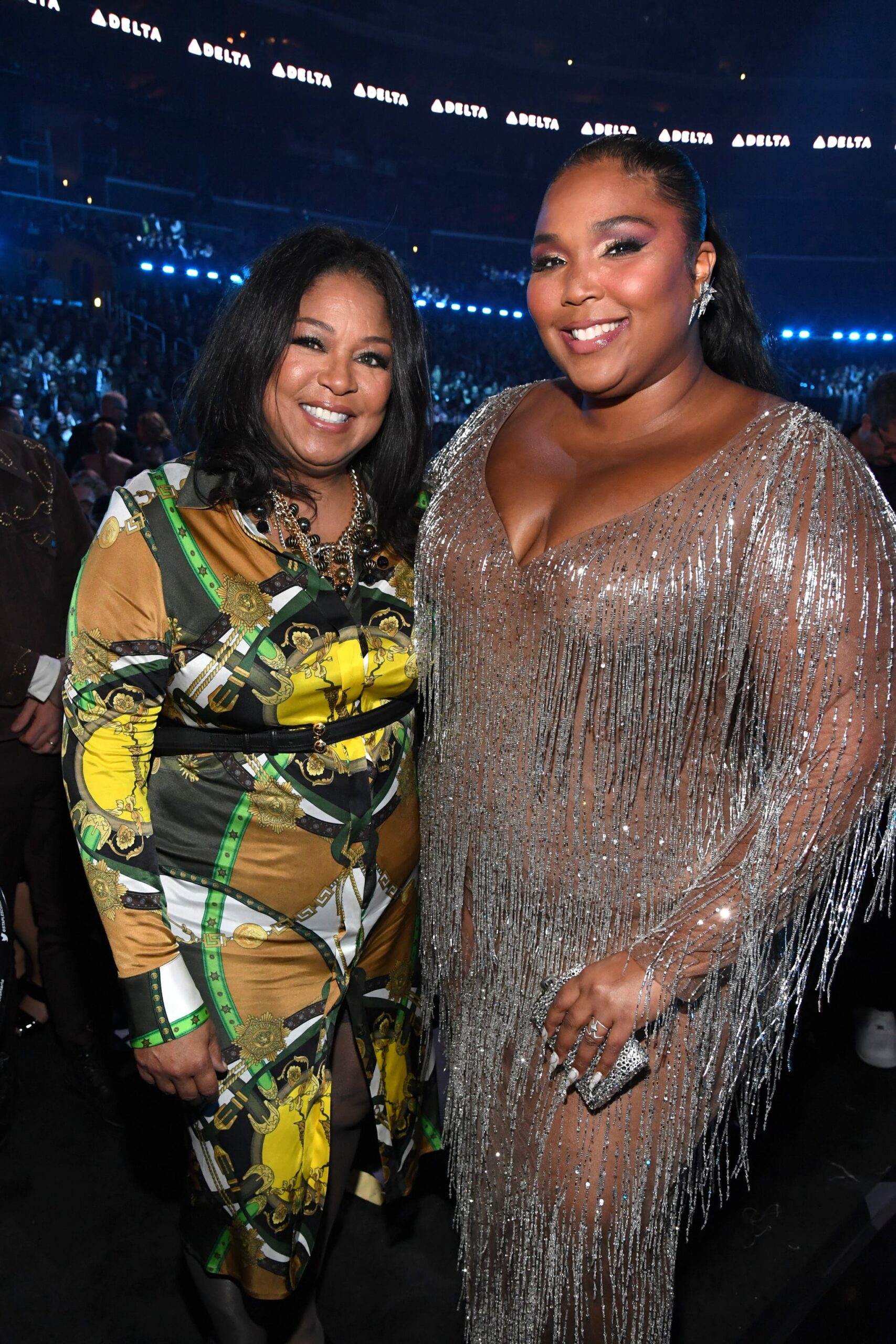 LOS ANGELES, CALIFORNIA - JANUARY 26: LIzzo (R) and Shari Johnson-Jefferson during the 62nd Annual GRAMMY Awards at STAPLES Center on January 26, 2020 in Los Angeles, California. (Photo by Kevin Mazur/Getty Images for The Recording Academy)